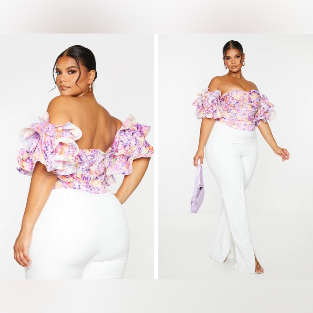 NWT Pretty Little Thing Lilac Floral Print Puff Sleeve Bardot Crop Top | 18